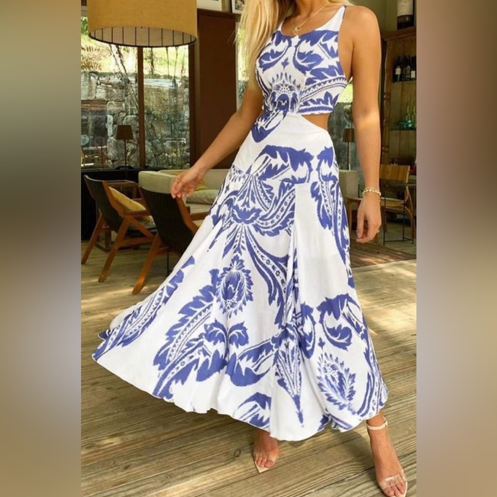 Pimpnella maxi halter dress with side cut outs, vibrant blue and white, size M
